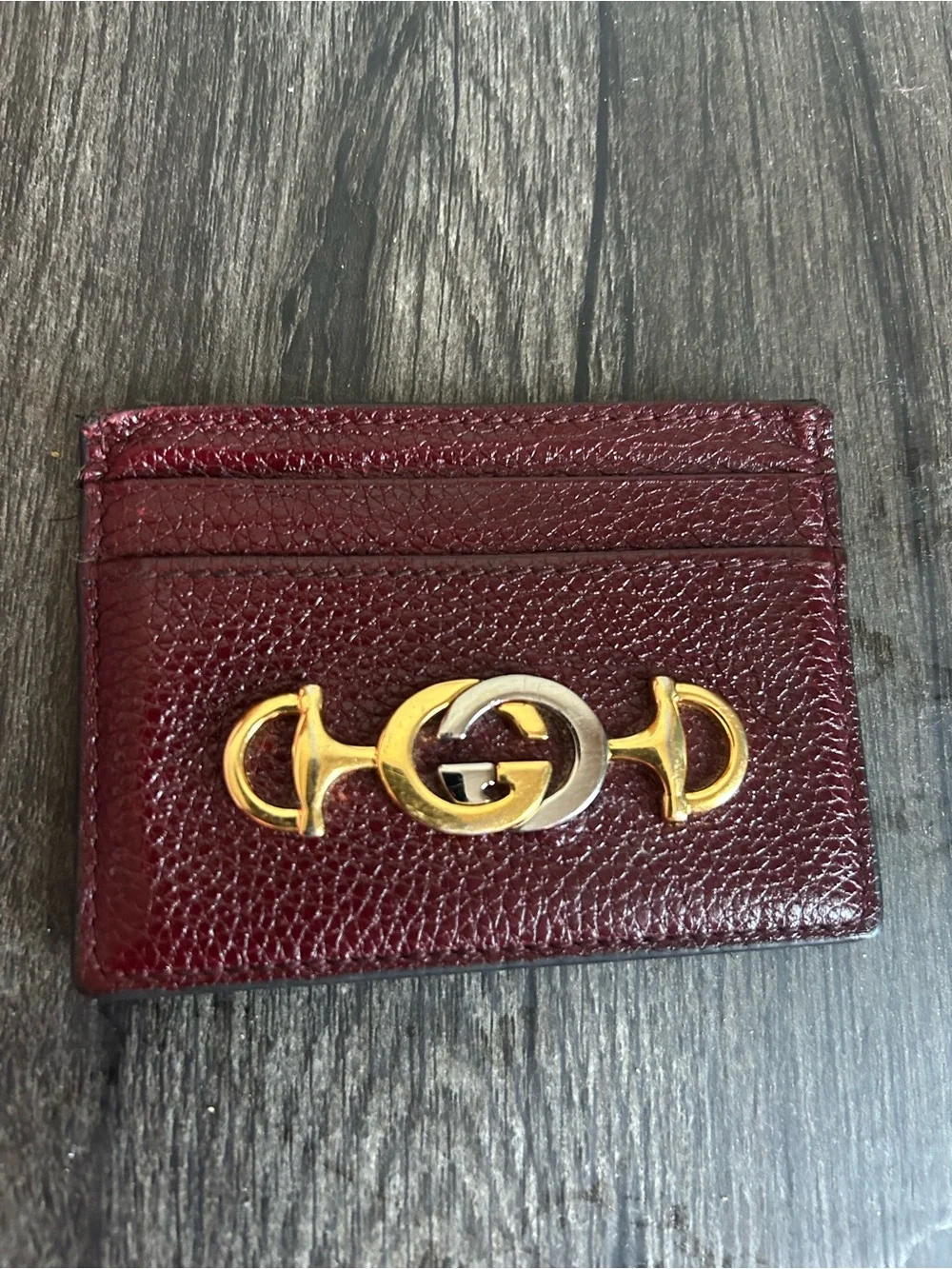 Gucci Burgundy Leather Card Holder with Gold-Tone Horsebit